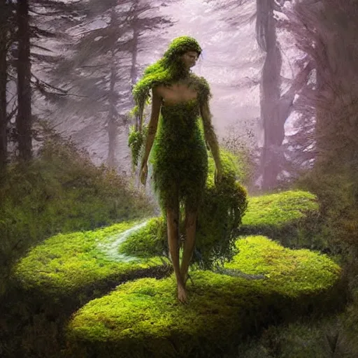 Image similar to a beautiful humanoid creature made out of moss and flowers. ethereal fantasy art by greg rutkowski