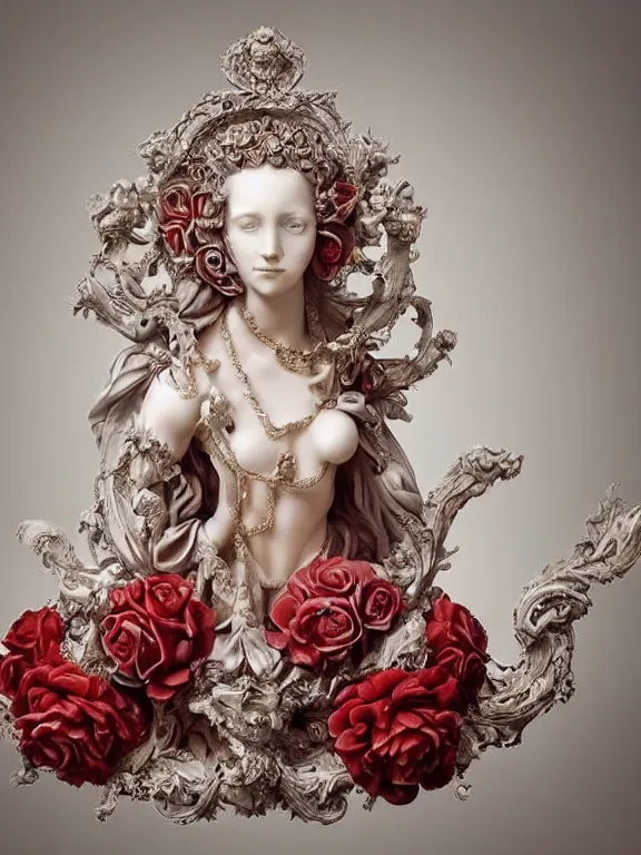 Image similar to a beautiful portrait render of a recatholic rococo roses veiled red queen sculpture,with baroque symmetry intricate detailed ,heart,pray,love,crystal-embellished,by Daveed Benito,LEdmund Leighton,Virginie Ropars,aaron horkey,Billelis,trending on pinterest,hyperreal,gold,silver,ivory,maximalist,glittering,golden ratio,cinematic lighting