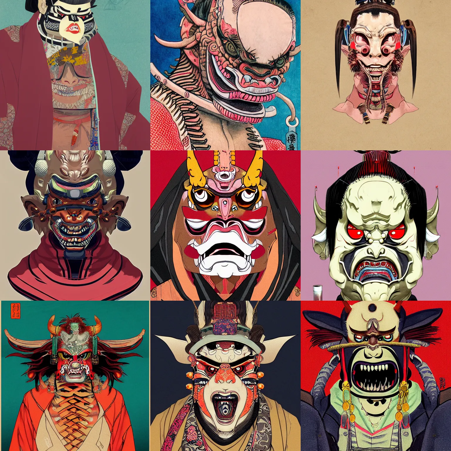 Prompt: a detailed portrait of a fashionable ancient japanese demon oni wearing a cyberpunk bosozoku outfit the style of william blake and norman rockwell, kubrick, muted color scheme, crisp, artstationhd