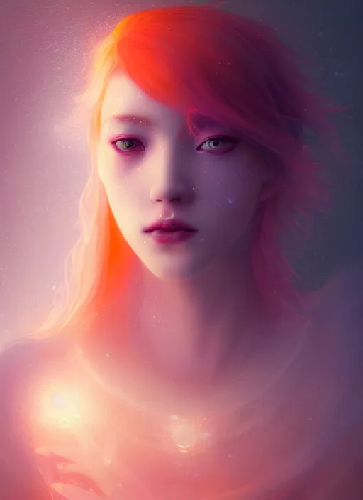 Image similar to a beautiful majestic young white queen with flowers on her orange hair, glowing light orbs, intricate concept art, elegant, digital painting, smooth, sharp focus, ethereal mist, deep colors, illuminated lines, outrun, vaporware, dark background, cyberpunk darksynth, ethereal, ominous, misty, 8 k, rendered in octane, by ruan jia and miho hirano