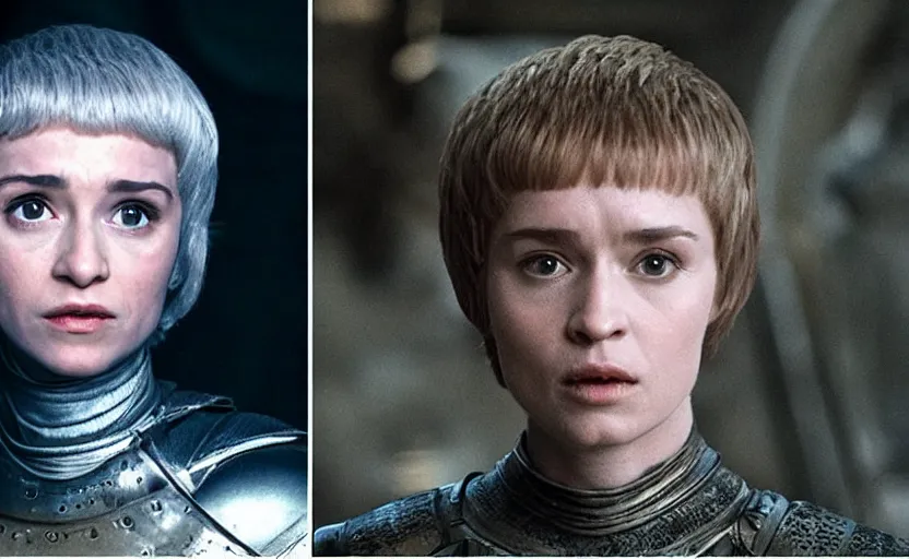 Image similar to the alien as joan of arc, bowl haircut, game of thrones
