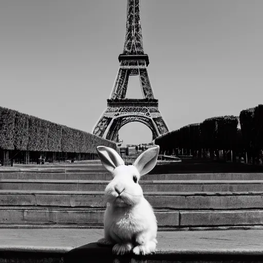 Image similar to a grainy black and white photograph of a rabbit posing in front of the eiffel tower