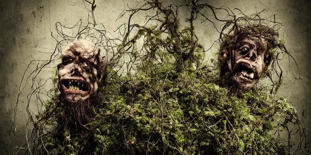 Prompt: _ human body _ overgrown _ by _ edelweiss and roots bound to a big alpine tree turning into a hay krampus monster _ roots growing from face _ _ dolomites _ smiling _ dark _ vintage photography _ eerie _ despair _ portrait _ photography _ artstation _ digital _ art _ adward _ winning _ smiling