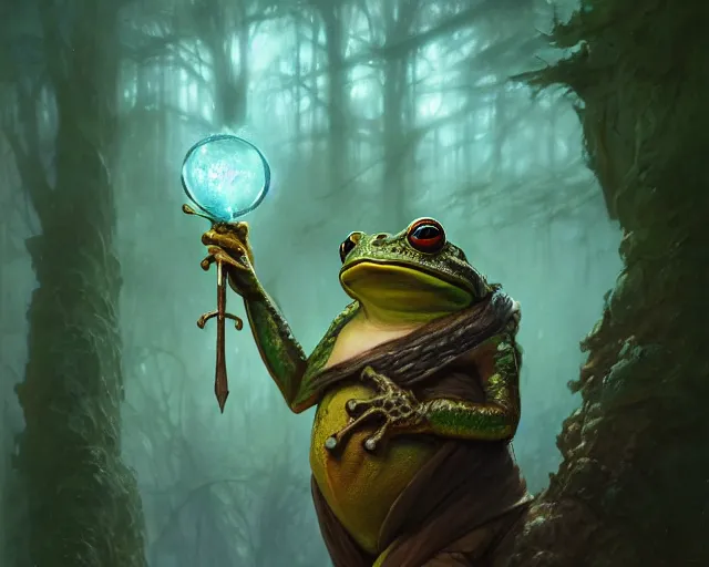 Prompt: highly detailed portrait of a anthro frog mage, humanlike frog holding a wand, elden ring, stephen bliss, fantasy art by greg rutkowski, loish, rhads, ferdinand knab, makoto shinkai and lois van baarle, ilya kuvshinov, rossdraws, tom bagshaw, global illumination, radiant light, detailed and intricate environment