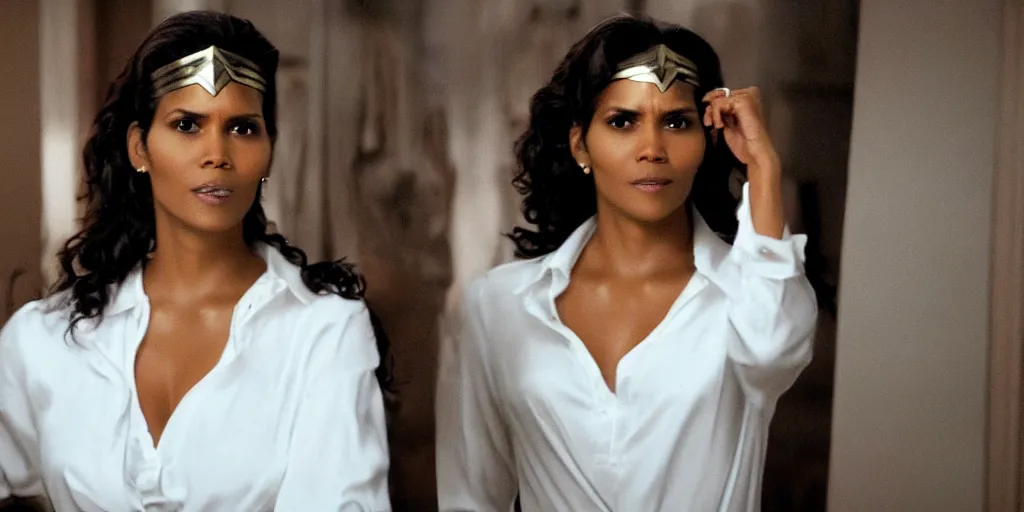 Image similar to ultra wide angle photo of halle berry dressed in a white blouse and black dress pants as diana prince looking at herself in a bathroom mirror and seeing her reflection as wonder woman