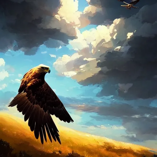Prompt: golden eagle flying. clouds. summer.. 4 k, concept art, by wlop, ilya kuvshinov, artgerm, krenz cushart, greg rutkowski, pixiv. cinematic dramatic atmosphere, sharp focus, volumetric lighting, cinematic lighting, studio quality