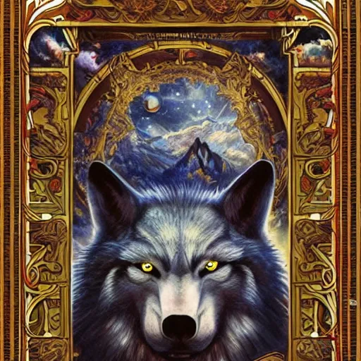 Prompt: portrait of werewolf made with porcelain by Jeff Easley and Peter Elson + beautiful eyes, beautiful face + symmetry face + border and embellishments inspiried by alphonse mucha, fractals in the background, galaxy + baroque, gothic, surreal + highly detailed, intricate complexity, epic composition, magical atmosphere + masterpiece, award winning + trending on artstation