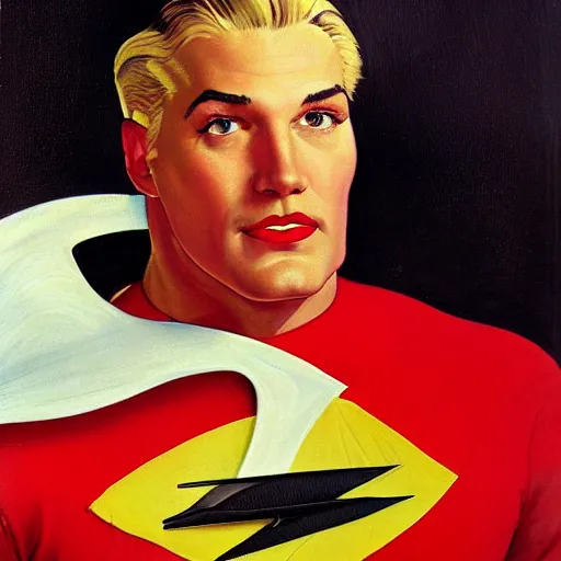 Prompt: a portrait painting of Flash Gordon. Painted by Norman Rockwell