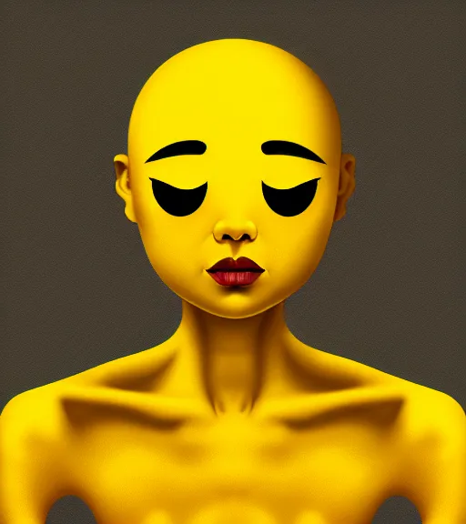 Image similar to portrait of a yellow emoji, poised, intense emotion, detailed facial expression, detailed surroundings, minimalistic, intricate, elegant, highly detailed, centered, digital painting, artstation, concept art, smooth, sharp focus