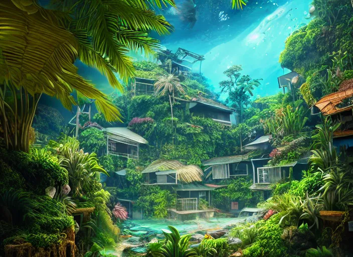 Image similar to overgrown tropical foliage overtaking japanese favela, underwater environment, borealis, scenery, professional, award - winning, trending on artstation, hyper detailed, realistic, beautiful, emotional, shiny, golden, picture