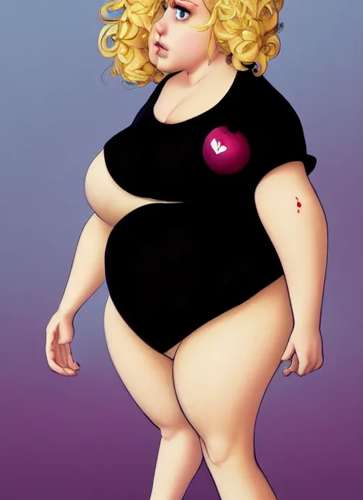 Image similar to full body teenage betty cooper, blonde hair, obese, bangs, ponytail, sultry, realistic, sultry smirk, ponytail, fluffy bangs, curly bangs, fat, belly, beautiful girl, intricate, elegant, highly detailed, digital painting, artstation, concept art, smooth, sharp focus, illustration, art by wlop, mars ravelo and greg rutkowski