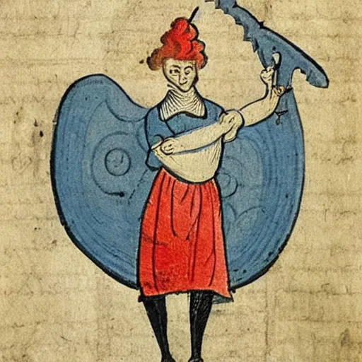 Image similar to a 1 8 th century illustration manuscript illustration of a medieval peasant holding a large blue trident above his head.