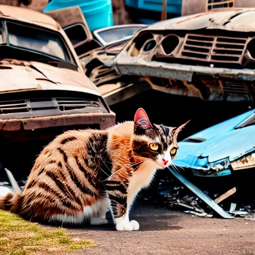 Prompt: donald rumsfeld junk yard cat, photo, detailed, 4 k