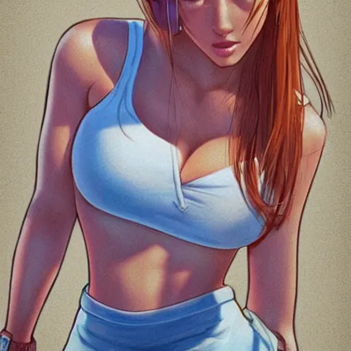 Image similar to beautiful gamer girl in daisy dukes on the beach making eye contact drawn by artgerm