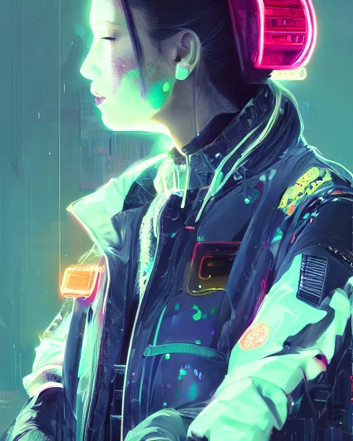 Image similar to detailed side profile portrait Neon Operator Girl, cyberpunk futuristic neon, reflective puffy coat, decorated with traditional Japanese ornaments by Ismail inceoglu dragan bibin hans thoma greg rutkowski Alexandros Pyromallis Nekro Rene Maritte Illustrated, Perfect face, fine details, realistic shaded, fine-face, pretty face