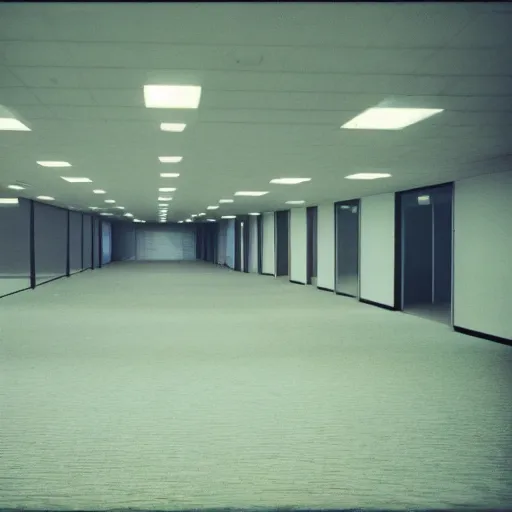 Prompt: photo of an empty 1 9 7 0 s office building, liminal space, grainy, compression artifacts