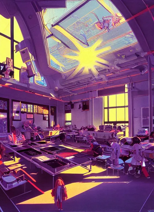 Image similar to photo of solarpunk school, scifi, bright light, utopian decorations, high school!!, morning sun, interesting angle, 8 k high definition, insanely detailed, art by syd mead and masamune shirow