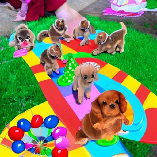 Image similar to candy land with a bunch of small puppies