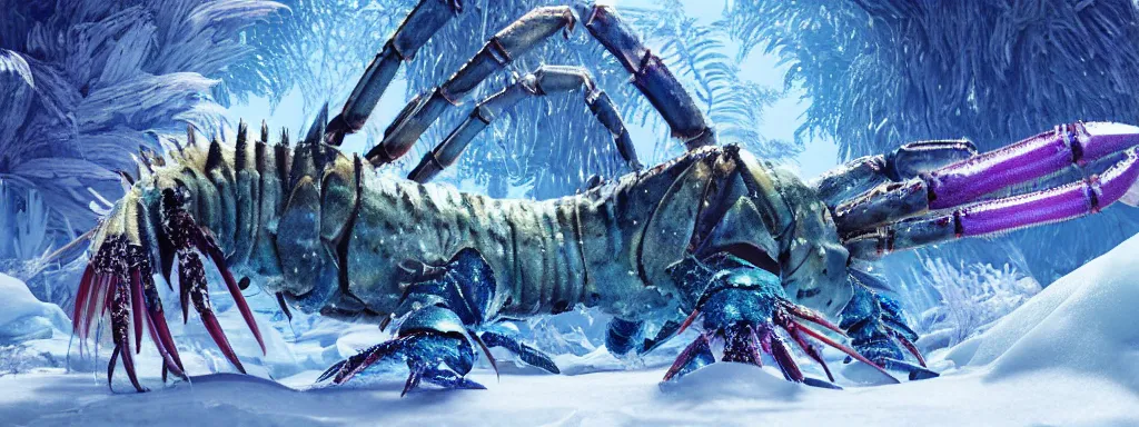 Image similar to large sabretooth lobster with shiny blue fish scales skin and silver electric claws, walking in a dense alien snow covered frosty jungle, with snow covered colourful red, blue and purple plants, large vines, snow covered arched organic rock structures, in the style of monster hunter world, like concept art on artstation, hyperdetailed, vray render, octane render,