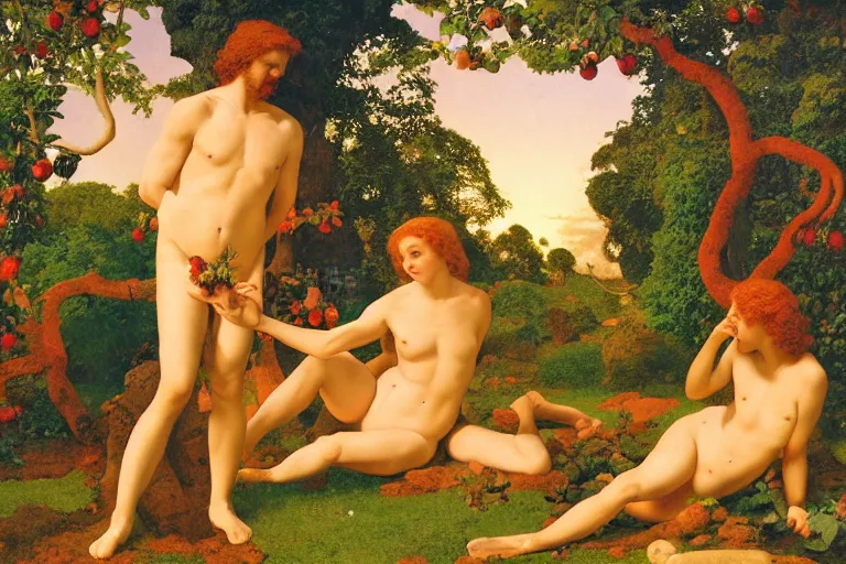 Prompt: painting of adam and eve, in the garden of eden, red apple, nature, beautiful, sunset, romantic, by ludwig deutsch and maxfield parrish, patterned tilework, extremely detailed, cinematic lighting, smooth sharp focus