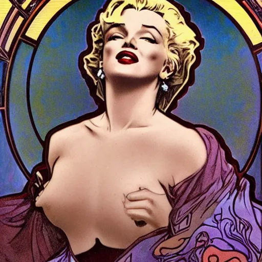 Image similar to marilyn monroe portrait by louis - theophile hingre and alphonse mucha, realistic, sharp focus, zodiac signs, tarot cards, planets, ethereal, art nouveau, magic, moon, sun, smart, wisdom, royal, jewellery