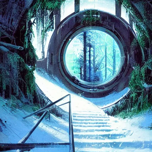 Image similar to stairs leading to a frozen derelict portal in a middle of a snowy lush futuristic forest, green lush world seen only through a portal, daylight, cinematic lighting, blue sky, syd mead, john harris