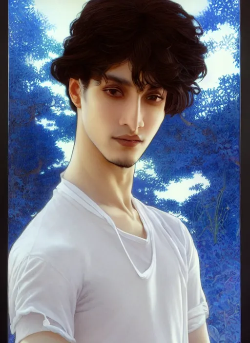 Image similar to beautiful medium shot portrait of a young arabic man inspired by ayami kojima with short hair dressed with a white t - shirt looking into the camera from three - quarters, white background white bank studio light, art by yoshitaka amano, alfons mucha and shingo tamagawa, 8 k