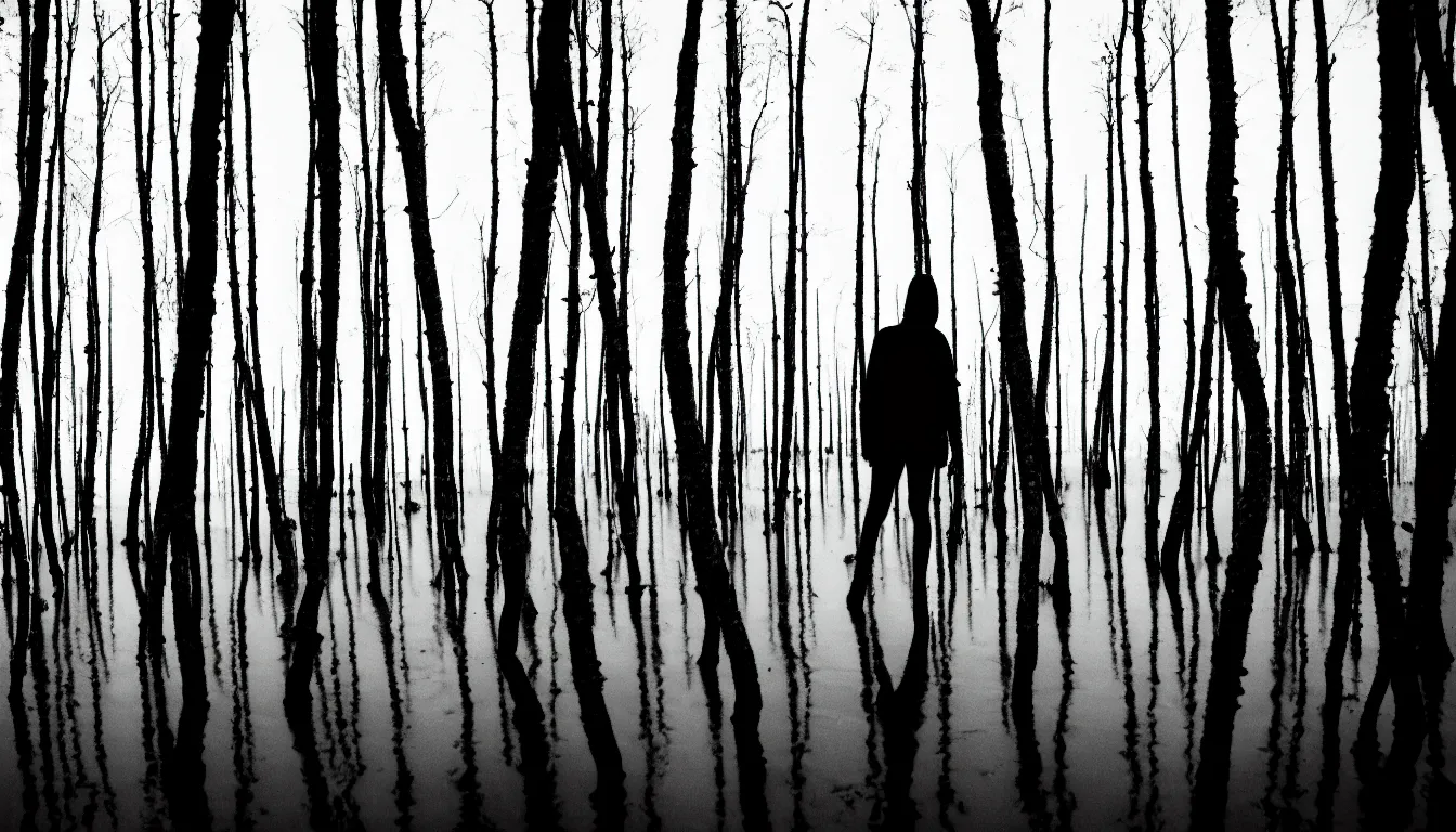 Prompt: silhouette of a person in wavy flood thin birch swamp, scary, dark, atmospheric, ambient vibe, very detailed, 8 k