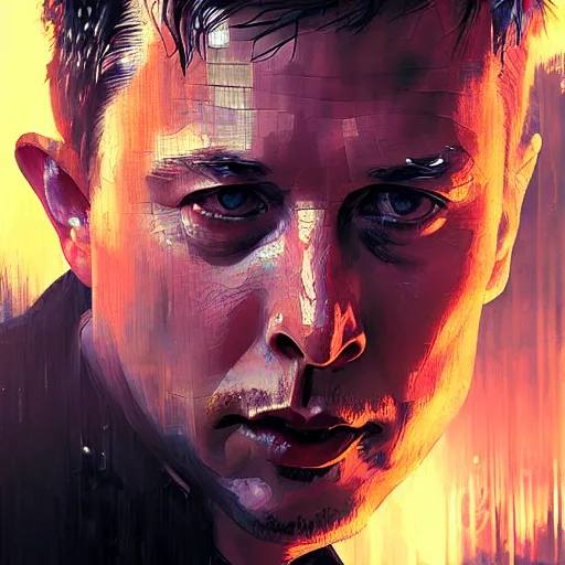 Image similar to elon musk, hyperrealistic portrait, bladerunner street, art of elysium by jeremy mann and alphonse mucha, fantasy art, photo realistic, dynamic lighting, artstation, poster, volumetric lighting, very detailed face, 4 k, award winning