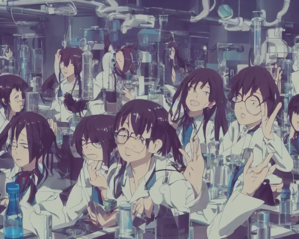 Prompt: anime still of reckless!!! whimsical! trippy scientists in a lab inventing, presentation, scattered tables overloaded with doomsday devices and beakers and test tubes, by makoto shinkai yoshinari yoh ilya kuvshinov