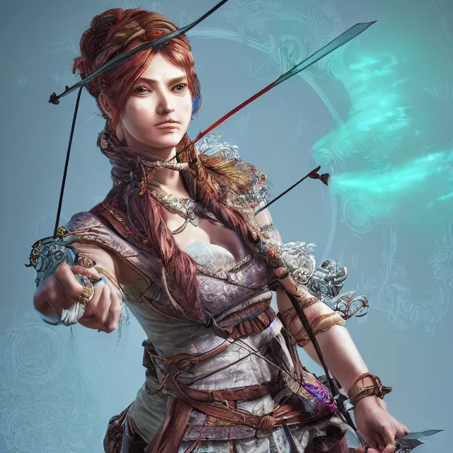 Image similar to the portrait of lawful neutral semi - colorful female archer huntress as absurdly beautiful, gorgeous, elegant, young woman, an ultrafine hyperdetailed illustration by kim jung gi, irakli nadar, intricate linework, bright colors, octopath traveler, final fantasy, unreal engine 5 highly rendered, global illumination, radiant light, detailed and intricate environment