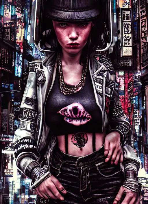 Image similar to portrait photo, 3 5 mm lomography, female doorwoman, gang clothing fashion, id magazine, hyperrealism, detailed textures, photorealistic, cyberpunk apocalyptic city, ultra realistic, cinematic, intricate, cinematic light, 8 k, david la chapelle, david kostic, artgerm