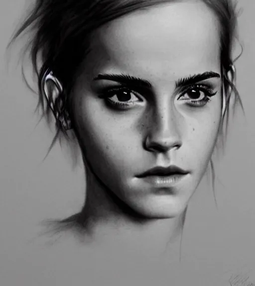 Prompt: emma watson, beautiful piercing eyes, realistic face, black and white drawing, in the style of greg rutkowski, fantasy, amazing detail, epic, intricate, elegant, smooth, sharp focus