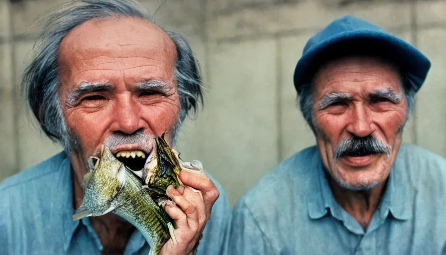 Image similar to 7 0 s movie still portrait of an old man. his mouth is full of fish. cinestill 8 0 0 t 3 5 mm technicolor, heavy grain, high quality, high detail