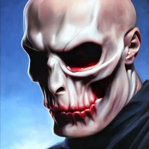 Image similar to ultra realistic portrait painting of red skull as voldemort, art by frank frazetta, 4 k, ultra realistic, highly detailed, epic lighting