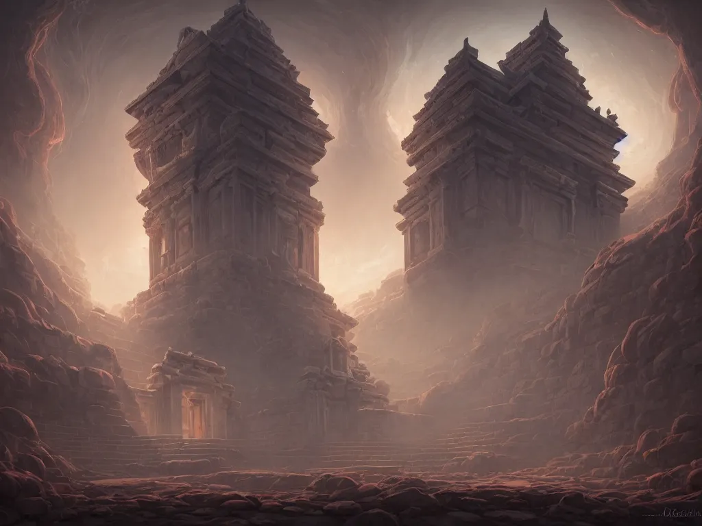 Prompt: A picture of a mysterious ancient temple with geometric patterns and tentacles coming out of the entrance art by Noah Bradley, Darek Zabrocki, Pablo Carpio, Jordan Grimmer and Natasha Tan, ominous, cosmic horror, trending on artstation, Ultra detailed, hyper realistic, 4k