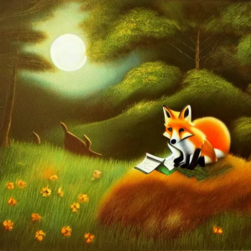 Prompt: A fox playing the piano in a meadow in the forest during the night under the moonlight, children’s book oil painting