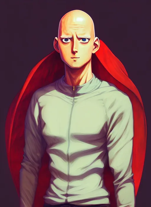 Prompt: handsome saitama, half body shot, path traced, epic cape, highly detailed, high quality, digital painting, alena aenami, lilia alvarado, shinji aramaki, karol bak, alphonse mucha, tom bagshaw