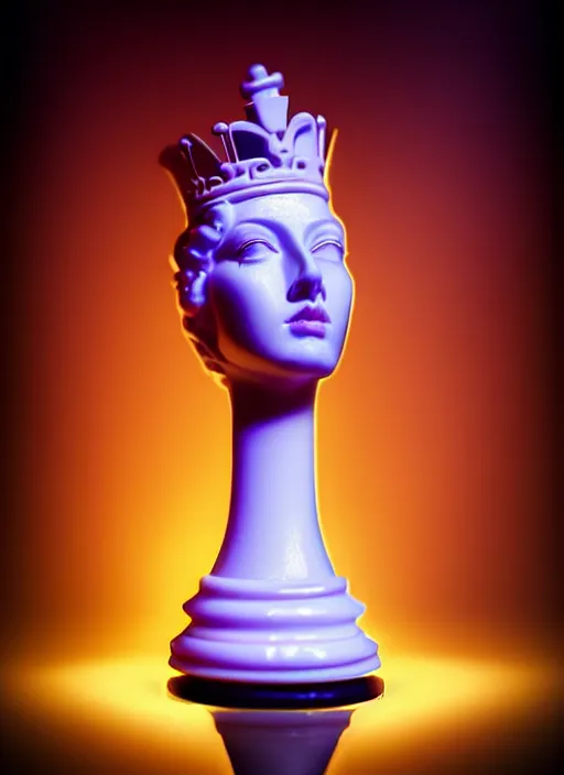 Prompt: queen chess piece photo portrait, beautiful pale makeup, pearlescent skin, elegant pose, very detailed, highly detailed background, photorealism, sharp focus, photorealism, neon tube lights,soft diffuse autumn lights, some sunlight ray, dark room wall, canon 5D 50 mm lens