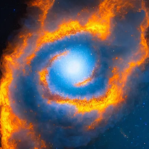 Image similar to large Fire spiral growing to swallow the galaxy, 40nm, shallow depth of field, split lighting, 4k,