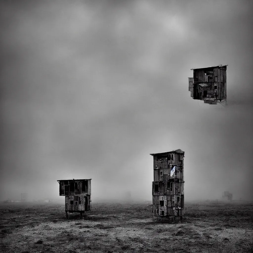 Image similar to high towers, made up of colourful makeshift squatter shacks, bleached, misty, moody sky at the back, dystopia, mamiya, f 1 1, fully frontal view, very detailed, ultra sharp, photographed by trent parke