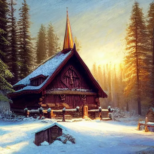 Prompt: small wooden stave church in pine forest, very detailed, focused, oil painting, colorful, cinematic lighting, canvas, artstation, Vsevolod Ivanov, Albert Bierstadt, Theodor Kittelsen