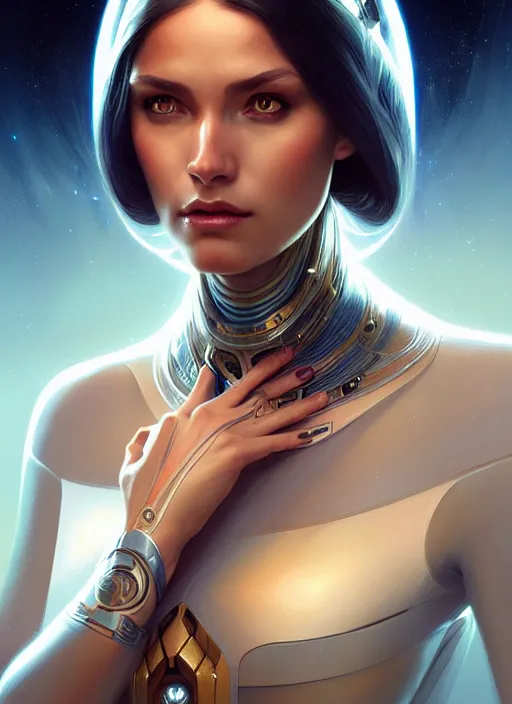 Image similar to futuristic woman portrait, sci-fi, amber eyes, face, long hair, fantasy, intricate, elegant, highly detailed, digital painting, artstation, concept art, smooth, sharp focus, illustration, art by artgerm and greg rutkowski and alphonse mucha