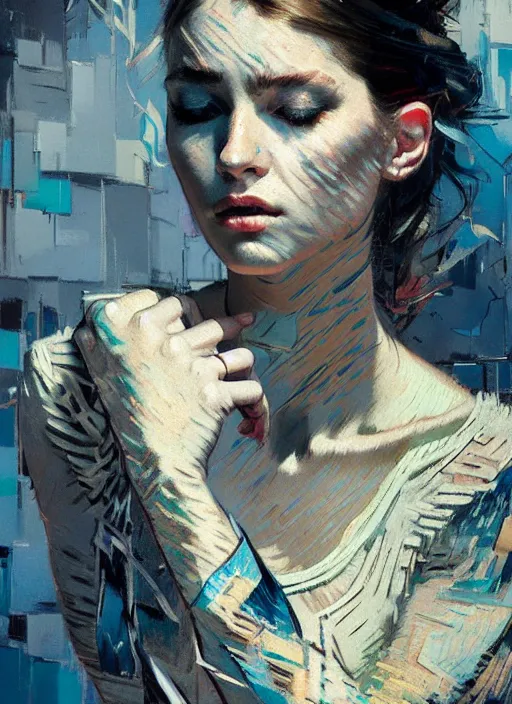 Prompt: portrait of beautiful girl, ecstatic, dancing, eyes closed, shades of blue and grey, beautiful face, rule of thirds, intricate outfit, spotlight, by greg rutkowski, by jeremy mann, by francoise nielly, by van gogh, digital painting