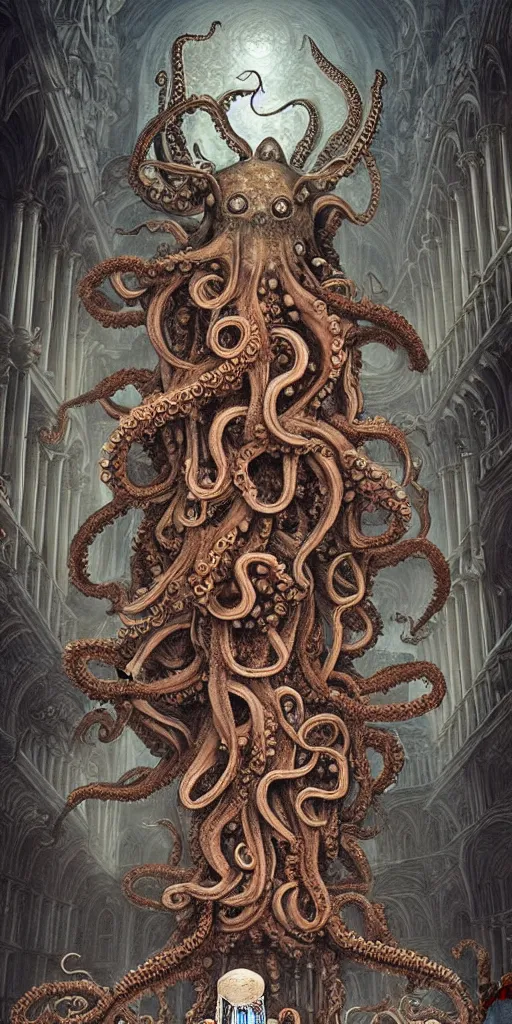 Image similar to group of mankind mages with octopus heads with jellyfish inside an ancient mage castle hall colossal scale, gothic and baroque, brutalist architecture, ultradetailed, Intricate by Ellen Jewett and Josan Gonzalez and Giuseppe Arcimboldo