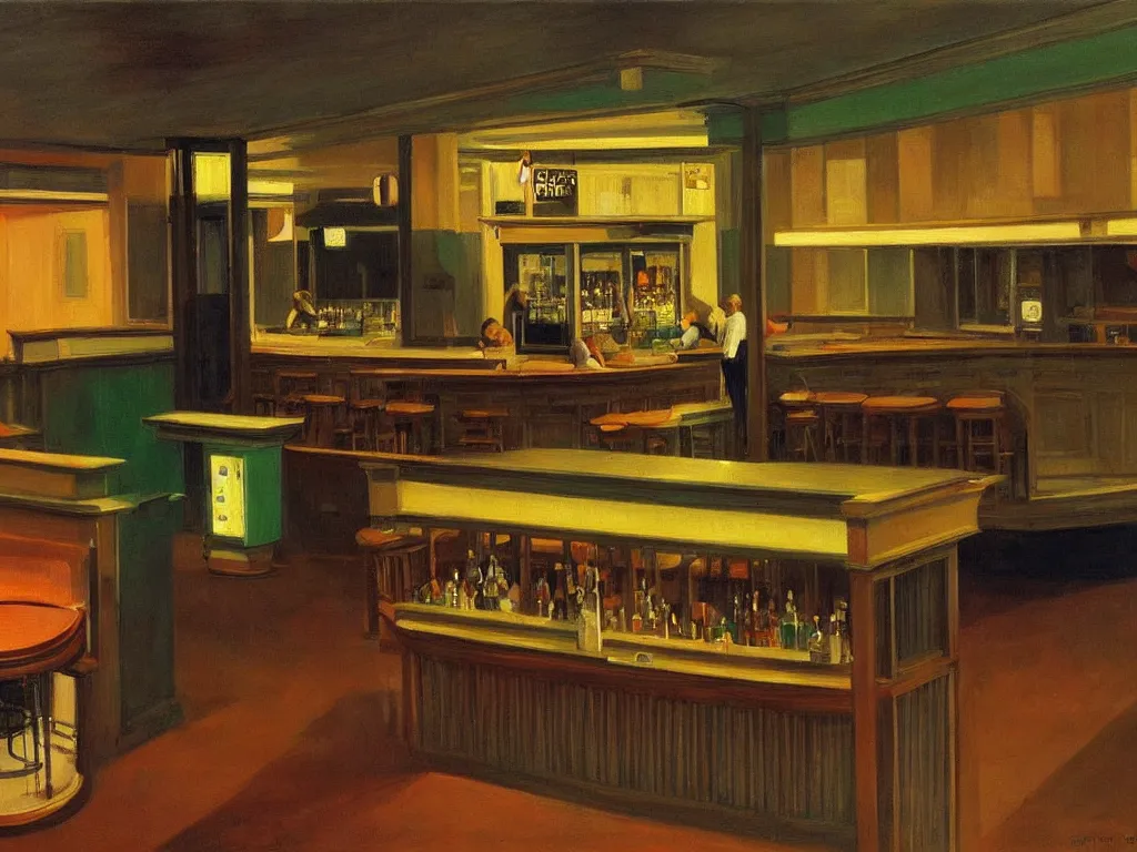 Image similar to interior view of an empty bar in the 70s with a jukebox at night, ultra view angle view, realistic detailed painting by edward hopper