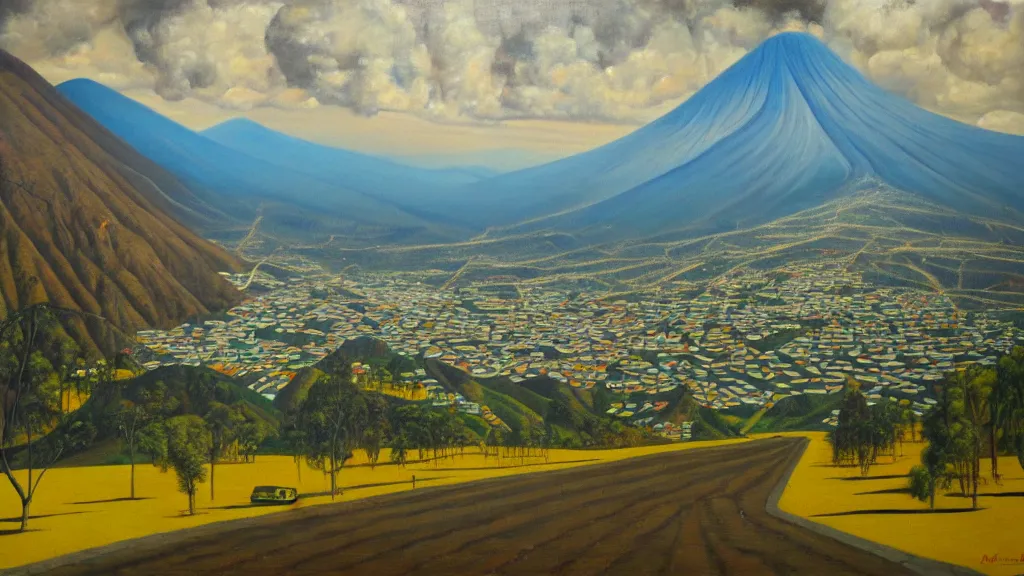 Image similar to Nuclear Nature valley blends with the City of Quito Ecuador; by Oswaldo Moncayo; oil on canvas;