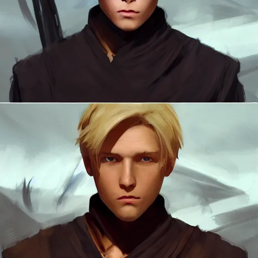 Image similar to a young blonde male jedi with short hair looking away at a threat full body shot concept art by Doug Chiang cinematic concept art, realistic painting, high definition, digital art, matte painting, symmetrical, very detailed, realistic, dramatic lighting, cinematic, establishing shot, extremely high detail, photo realistic, cinematic lighting, post processed, concept art, artstation, matte painting, red color scheme