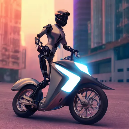 Prompt: futuristic cyborg female rider on a yamaha tw 2 0 0 motorcycle, cityscape, 3 d art, c 4 d, render, 8 k, hd, bladerunner 2 0 4 9