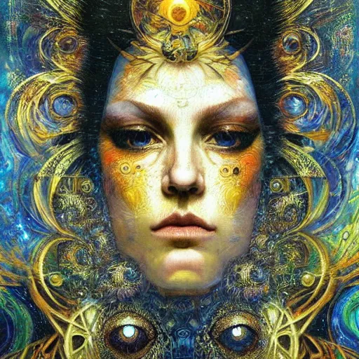 Image similar to Divine Chaos Engine by Karol Bak, Jean Deville, Gustav Klimt, and Vincent Van Gogh, beautiful visionary mystical portrait, sacred, otherworldly, fractal structures, ornate gilded medieval icon, third eye, spirals